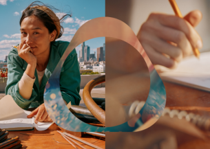 Cilvēks zīmē siltā pavasara saulē ar logo pārklājumu.