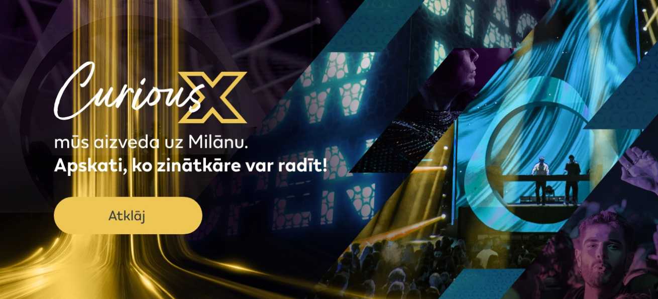 Fotoattēli no Curious X noslēguma pasākuma Milānā — cilvēki pūlī, pasākuma galvenie mākslinieki Adriatique uzstājas uz skatuves, pasākuma dekorācijas. Curious X logotips uz vertikāli zeltainu gaismu fona.