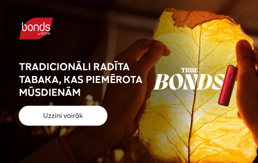 Baneris ar melnu fonu un dzeltenu elementu, attēlota BONDS by IQOS ierīce, bonds by IQOS logo. Poga "Uzzināt vairāk"