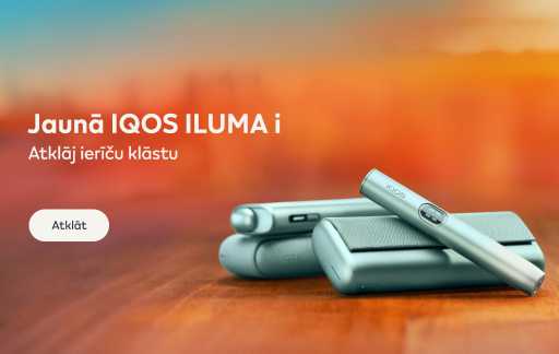 Oranžs fons ar jaunajām IQOS ILUMA i ierīcēm un tekstu  "Jaunā IQOS ILUMA i. Atklāj ierīču klāstu" un pogu "Atklāt"