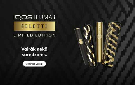 Melns baneris ar Seletti ierobežotā izlaiduma IQOS ILUMA i un IQOS ILUMA i PRIME zelta un melnā krāsā ar tekstu “Vairāk nekā saredzams.” un pogu “Uzzināt vairāk”.