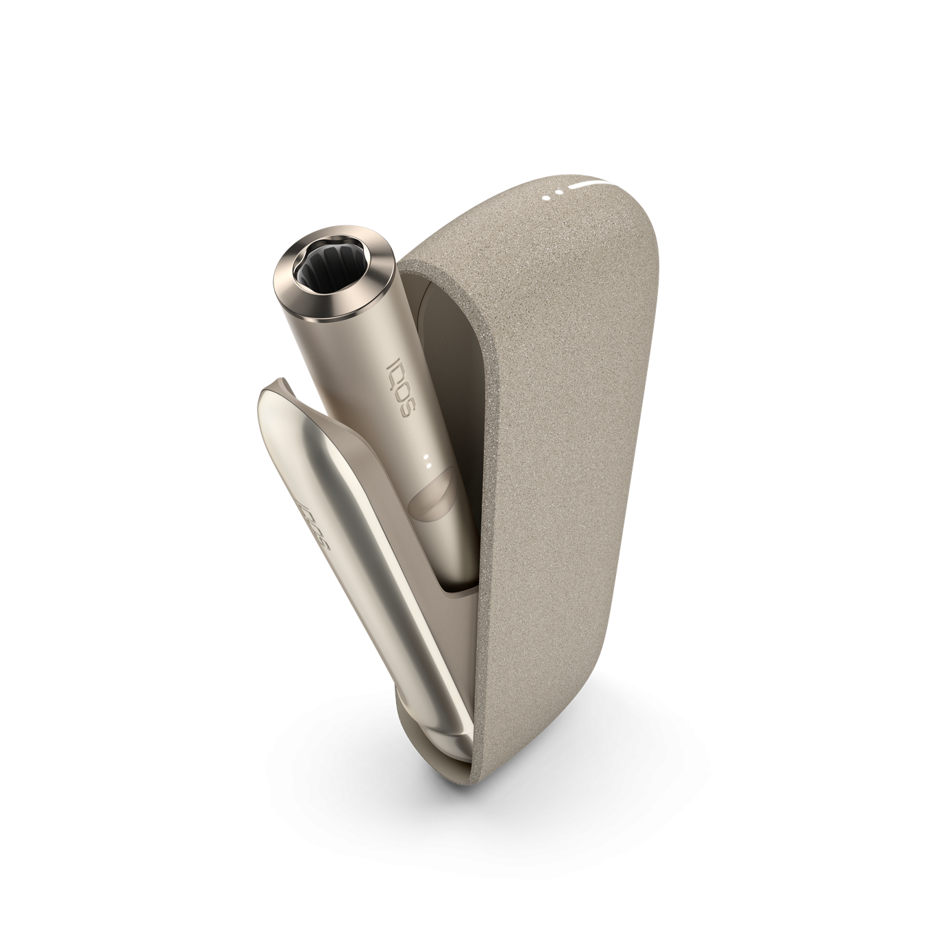 IQOS ILUMA Pebble Beige turētājs ierīces iekšpusē ar atvērtām durvīm