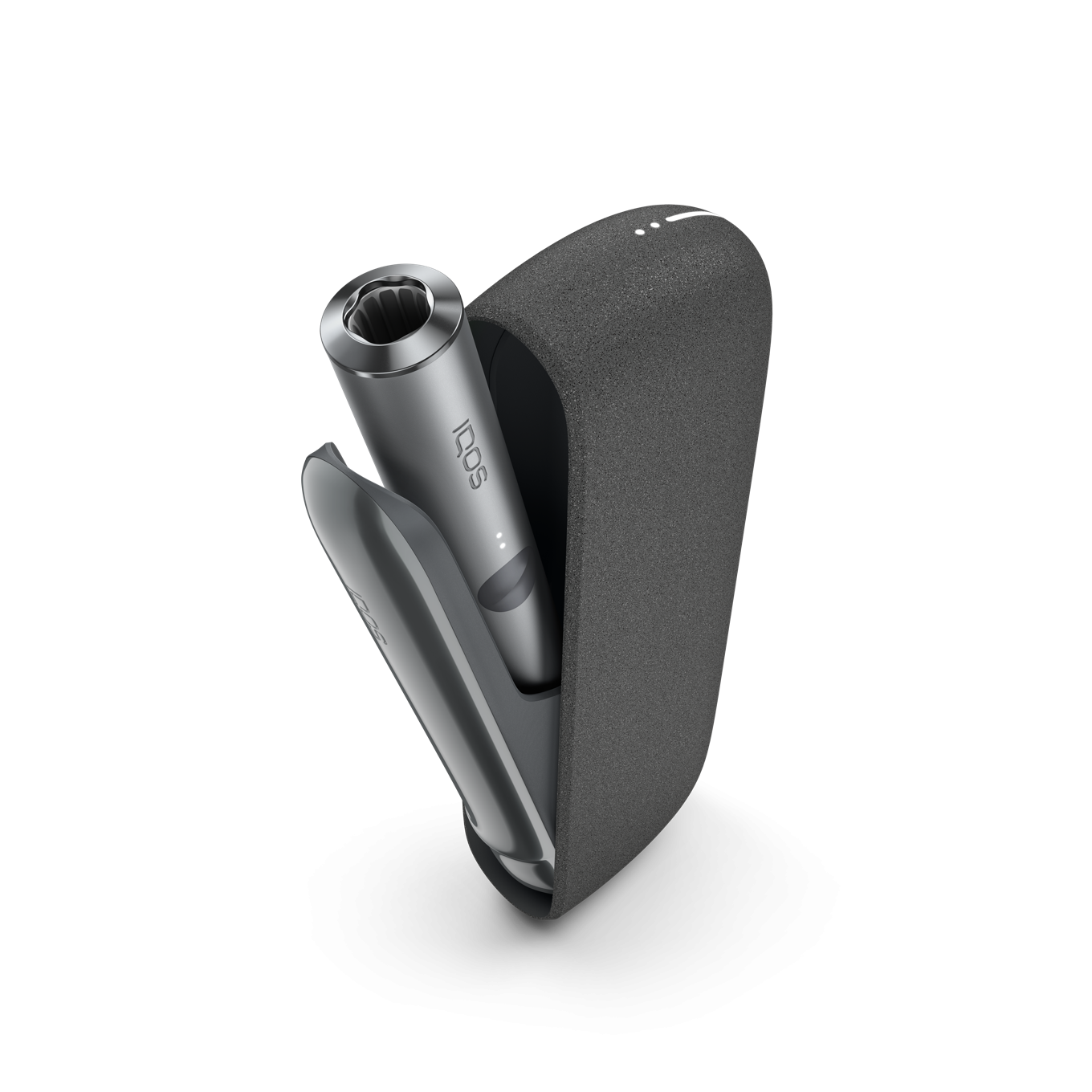 IQOS ILUMA Pebble Grey turētājs ierīces iekšpusē ar atvērtām durvīm