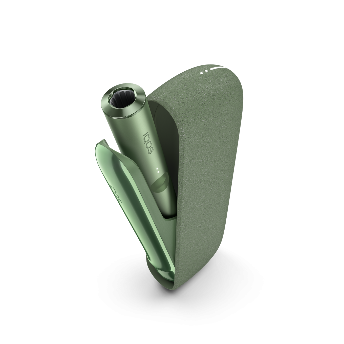 IQOS ILUMA Moss Green turētājs ierīces iekšpusē ar atvērtām durvīm