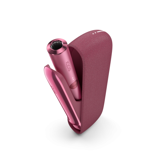 IQOS ILUMA Sunset Red turētājs ierīces iekšpusē ar atvērtām durvīm