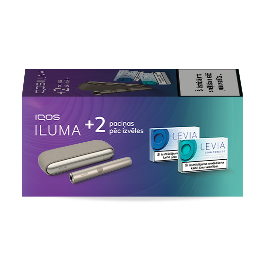 IQOS ILUMA apsildāma ierīce Pebble Beige krāsā un 2 LEVIA paciņas
