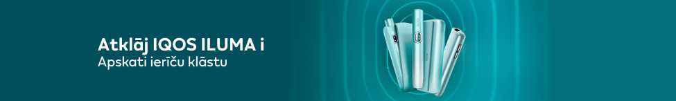 Zaļgans fons ar jaunajām IQOS ILUMA i ierīcēm un tekstu "Atklāj IQOS ILUMA i. Apskati ierīču klāstu"