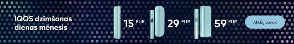 Tumšs fona raksts ar punktiem un tekstu: „IQOS dzimšanas dienas mēnesis”, trīs IQOS ierīces ar cenām: 15 EUR, 29 EUR un 59 EUR, kā arī poga: „Atklāj vairāk”